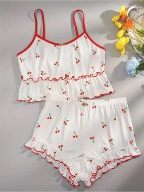 Cherry-Print Ruffle Cami & Short Pajama Set - White/Red